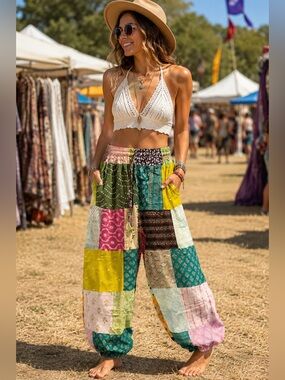 NWT Didi’s Patchwork Cotton Harem Pants Boho Festival, One Size